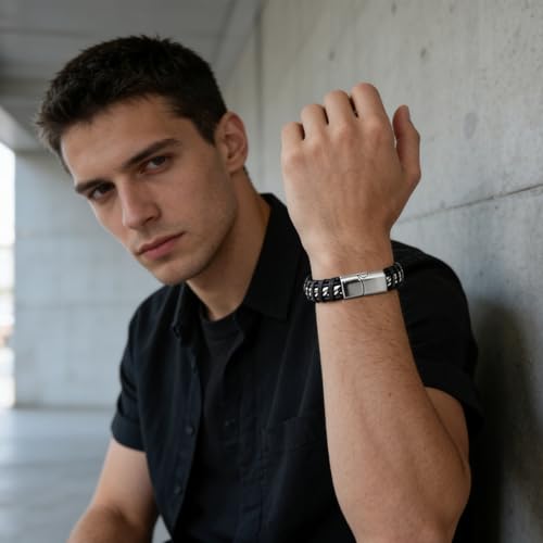Men's Leather Bracelet, Stackable Stainless Steel Clasp Bracelets for Men Stylish Birthday, Thanksgiving, Valentine's Day Gift for My Man - style: 8.6" Embedded Cuban Chain
