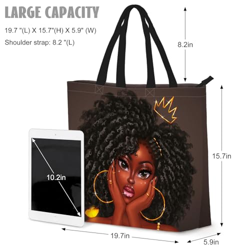 African American Women Tote Bag Black Shoulder Handbag For Women Fit Work Beach Labtops With Zip - color: Black Women 10