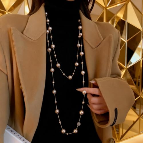 Layered Pearl Necklaces for Women Big Pearl Long Chain Necklace Dainty Faux Pearl Necklaces Statement Sweater Strand Chain Jewelry - style: champagne