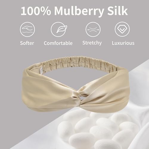 ZLYC Mulberry Silk Headband Elastic Twist Knotted Head Bands for Women's Hair, Solid Pale Beige - color: Solid Pale Beige