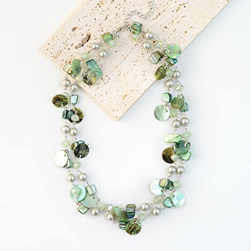 Noessla Layered Beaded Chunky Necklace for Women Boho Two-color Shell Statement Necklace Fashion Collar Costume Jewelry Gifts for Mum - color: 14-Green