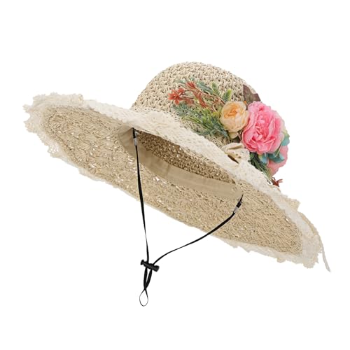 Realistic Flowers Floppy Straw Hats for Women, Chic Wide Brim Lace Trim Bowknot Summer Sun Caps Portable Anti-UV Sun Protection Shopping Fishing Gardening Travel Beach Caps Topee Fisherman Hat Beige