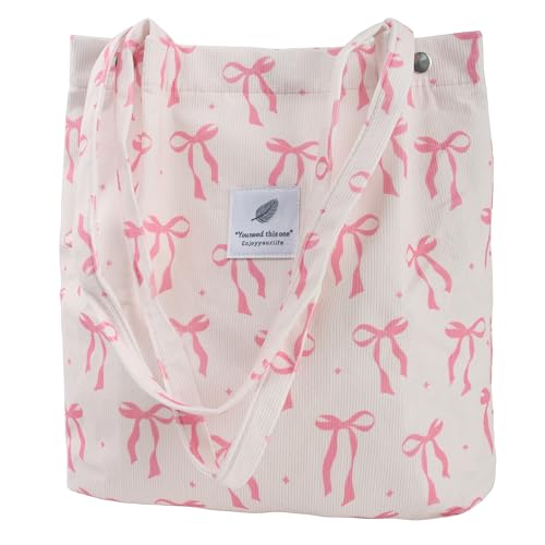 Corduroy Tote Bag for Women Small Canvas Shoulder Purse Cord Handy Bag with Inner Pocket | with Front Pocket - color: 03 Pink Bow