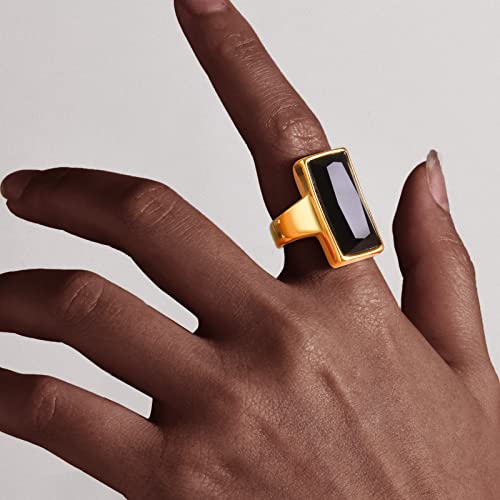 VNOX Vintage Fashion Stainless Steel Gold Plated Rectangular Black Glass Crystal Cocktail Statement Onyx Ring for Women - color: Black