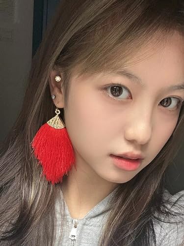 Earrings for Women Colorful Layered Leaf Earrings Bohemian Dangle Drop Tassel Silver Earrings Women Gifts - style: Red