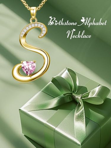 Birthday Gifts for Women 18k Gold Initial Necklaces for Women Simple Alphabets Letters with Birthstone Pendants Name Jewelry Anniversary Wedding Gifts for Sister Daughter Her (with Gift Box) - color: 10-Oct-Pink, style: Letter S