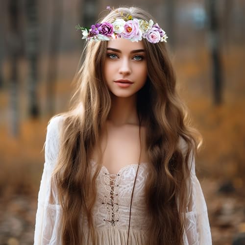 Vivivalue Women Flower Crown Rose Floral Headband Hair Wreath Flower Headpiece Halo Boho with Ribbon Wedding Party Festival Photos - color: 6