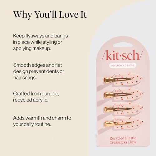 Kitsch Creaseless Hair Clips for Women - No Crease, No Bend Hair Clips for Styling, Bangs, Makeup Application, Face Wash - Recycled Acrylic - Cherry Print | Ideal Gifts for Women, 4pcs - color: Cherry Print