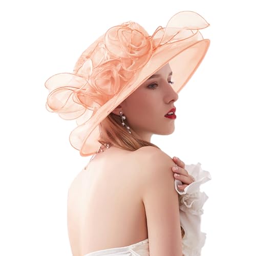 ORIDOOR Women’s Organza Church Tea Party Wedding Fascinator Derby Hat Wide Brim Sun Hats - color: D10-champagne Pink
