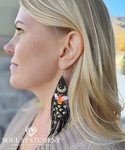 Long Beaded Earrings for Women, Statement Tassel Dangling Earrings, Native American Jewelry Boho Country Colorful Flower Moon Bead Gifts - style: Mystic Celestial Bee
