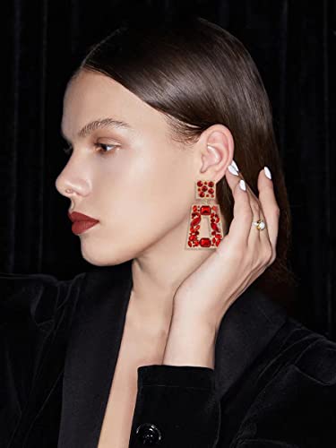 Rhinestone Rectangle Statement Earrings Colorful Crystal Geometric Drop Dangle Earrings for Women Prom Party - color: red