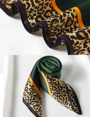 100% Mulberry Silk Neck Scarf 21''x21'' Small Square Hair Scarf for Women Men Lightweight Bandana Envelope Package - color: Leopard Print- Green