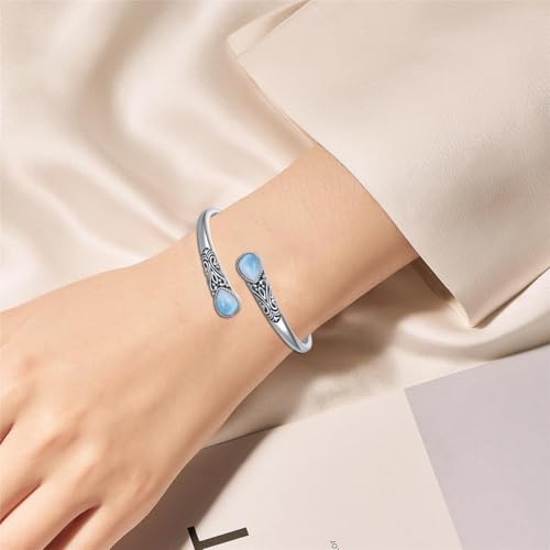925 Sterling Silver Genuine Gemstone Bracelet for Women Men Handmade Adjustable Boho Navajo Style Bangle Cuff Natural Stone Jewelry Gift - color: Larimar