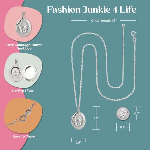 FashionJunkie4Life Sterling Silver Oval Locket Necklaces for Women, 18" Cable Chain - style: Simple Claddagh