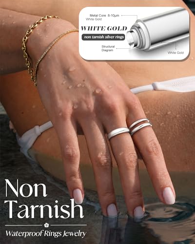 Silver Gold Rings for Women Non Tarnish 14K Gold Plated Stackable Rings for Women Stacking Thumb Pinky Eternity Cubic Zirconia Engagement Wedding Band Ring Set Woman Jewelry 1.5mm 2.5mm 5mm - color: B-Silver Stackable Rings