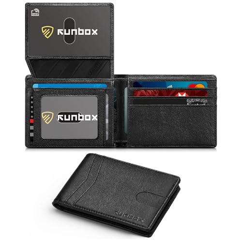 RUNBOX Wallet for Men -Slim Rfid Leather Mens Bifold Novelty Wallets 2 ID Window With Gift Box Men's Accessories | Slim - color: Black-Vegetable tanned leather