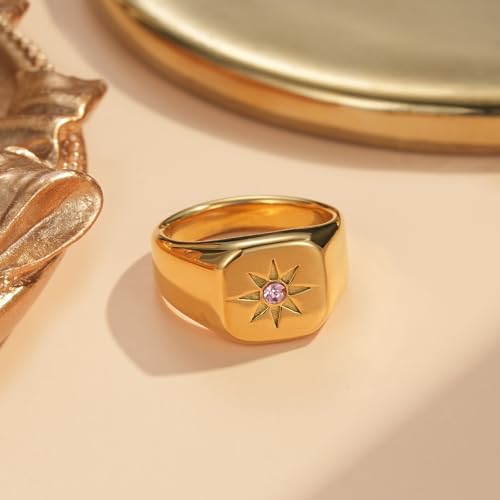YeGieonr Non Tarnish Gold Rings for Women, Waterproof Gold Signet Ring, 18K Gold Plated Stackable Rings for Everyday Wear - color: Sqaure Pink