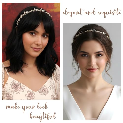 4 Pcs Dainty Gold Headbands for Women, Thin Rhinestone Floral Hairbands, Sparkly Crystal Pearl Bow Hair Hoops, Fairycore Bridal Wedding Hair Accessories, Black & Gold - color: Floralbow