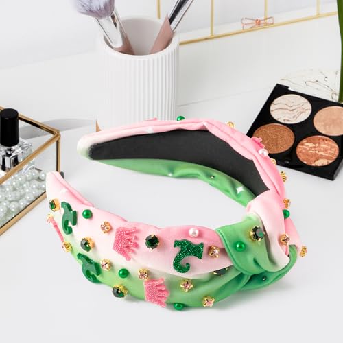 PANTIDE Witch Musical Jeweled Knotted Headband - Witch Musical Fan Gift Glitter Pink Crown Green Boots Rhinestone Crystal Embellished Headband Fashion Accessories Birthday for Women Girl (Crown Boots) - color: Green Pink Crown Boots