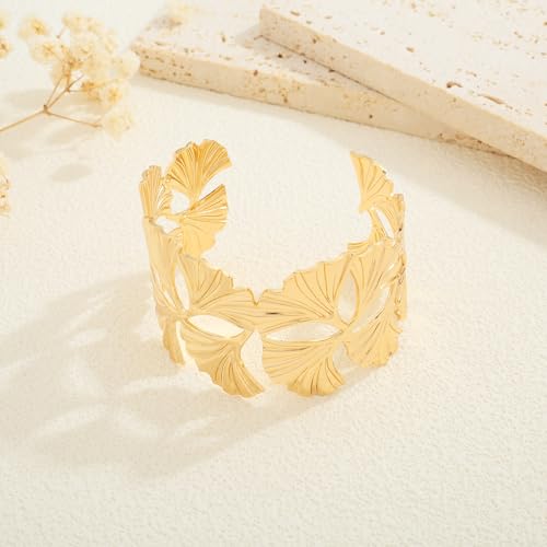 Gold Chunky Cuff Bracelet for Women Coral Ginkgo Leaf Statement Vintage Bracelets Trendy Gold Statement Jewelry - color: chunky leaf bracelet