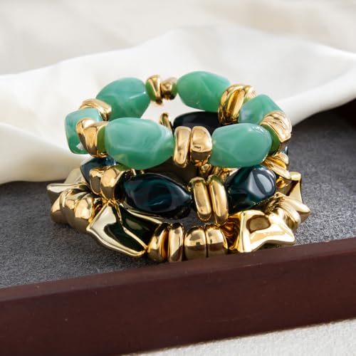 Gold Bracelet Stack For Women, 3Pcs Jade Vintage Chunky Stackable Stretch Boho Western Adjustable Bracelet Stacks Statement Dainty Tarnish Free Waterproof Jewelry Gift - color: Green