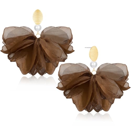 Handmade Fabric Flower Petal Fringe Dangle Drop Earrings Bohemian Floral Tassel Stud Earrings For Women - color: Brown
