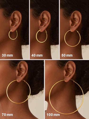 FOCALOOK 14K Gold Plated Lightweight Large Hoops| 2mm Thin Hoop Earrings for Women 30/40/50/70/100mm - color: 01.Gold, size: 40mm