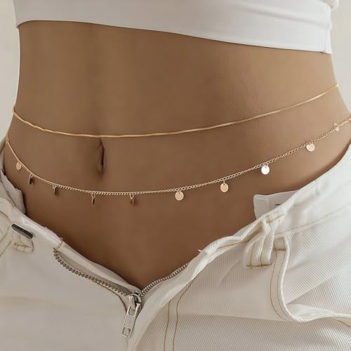 14K Gold Plated Waist Chain for Women, 2Pcs Adjustable Pearl Beads Body Chain, Sexy Layered Summer Beach Bikini Belly Jewelry Accessories - style: Chain&Sequins