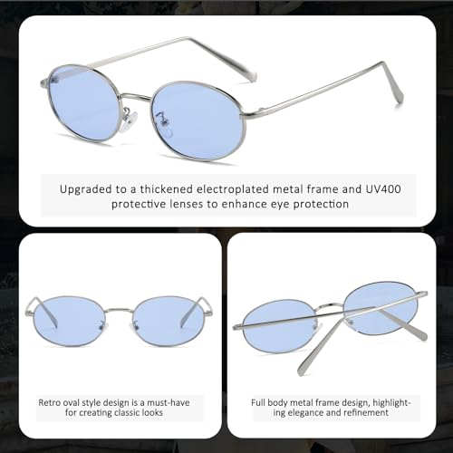 Retro Oval Sunglasses for Women Men 90s Trendy Small Round Gold Sun Glasses Fashion Narrow Metal Frame Shades - color: Silver/Blue