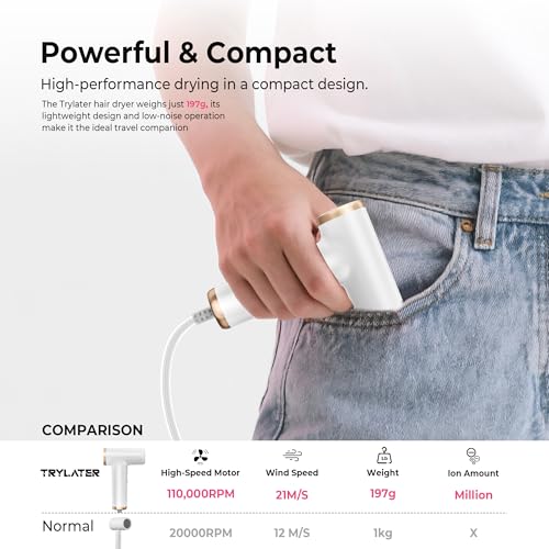 Mini Hair Dryer, 4-Temp High Speed Ionic Hair Dryer, 2-Speed Lightweight Portable Small Hair Dryers, 110,000 RPM Hair Blow Dryer Travel Blow Dryer with Self-Cleaning Styler & Advanced Protection - color: White