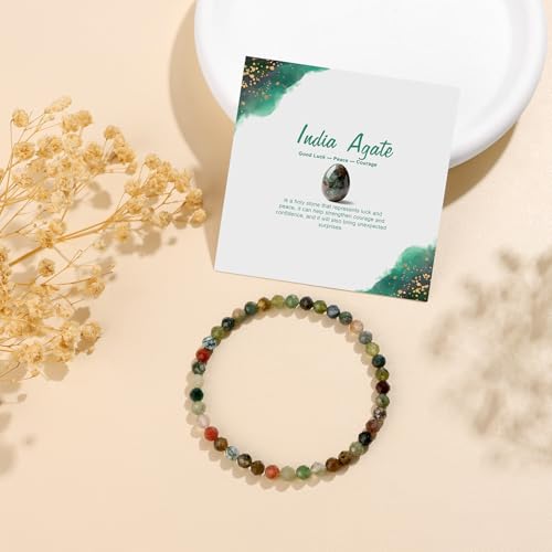 Natural Gemstone Beads Bracelets Healing Crystal Stone Beaded Bracelet for Women Men Handmade Spiritual Jewelry Gifts - color: India Agate, size: Faceted Round Beads