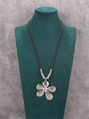 Bohemian Women's Leather Long Pendant Necklace Sweater necklace Adjustable Retro Woven Handmade Jewelry - color: Silver Flower