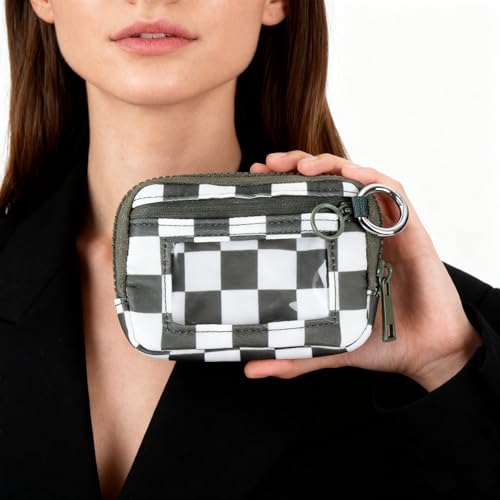 Wristlet Wallet for Women Mini Zip Card Case with Clear ID Window Zipper Coin Purse Lightweight Portable Keychain Wallet - color: Teal Gray Lattice