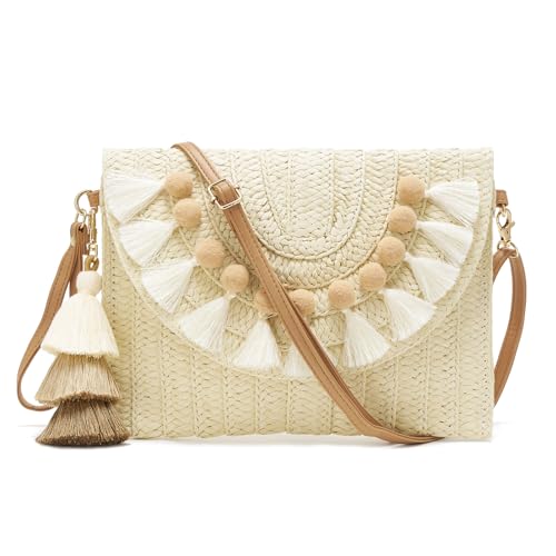 Small Straw Purse for Women Summer Clutch Purses Beach Woven Envelope Bag Raffia Shoulder,Straw Crossbody Bag boho - color: Bobbles Beige