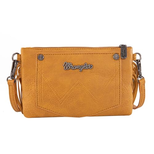 Wrangler Crossbody Small Purse for Women Wristlet Fringe Bag Western Purse - color: Angel Yellow