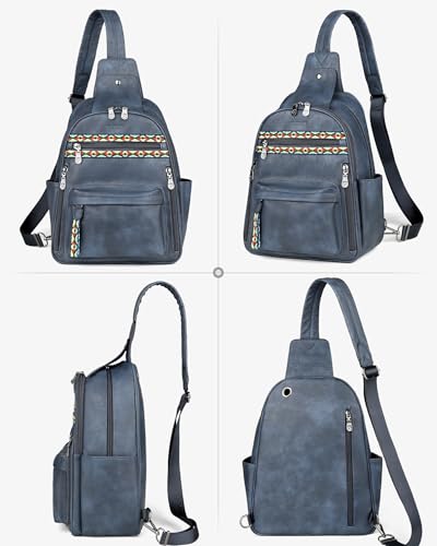 FADEON Large Sling Bag for Women, Leather Crossbody Purse Designer Anti Theft Sling Backpack, RFID Fanny Packs for Travel - color: Dark Blue Retro Style