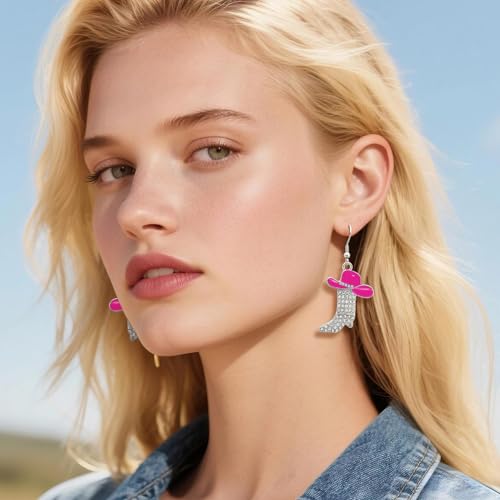 RechicGu 3 Pairs Western Cowgirl Cowboy Hat Earrings Set Silver Symmetric Boots Sparkly Rhinestone Tassels Drop Dangle Rural Culture Earrings Set For Women - color: Silver Boots,Rose Red Hat