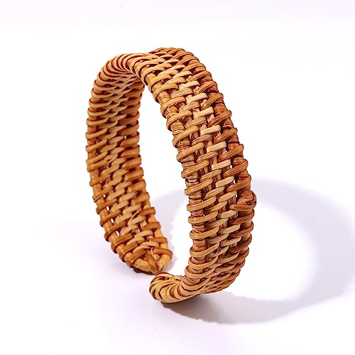Rattan Bracelet Handmade Lightweight Straw Wicker Braid Cuff Bangle Bracelet Statement Adjustable Bohemian Rattans Woven Chunky Bracelets for Summer Wrist Jewelry - style: F Thin Rattab Cuff Bracelet