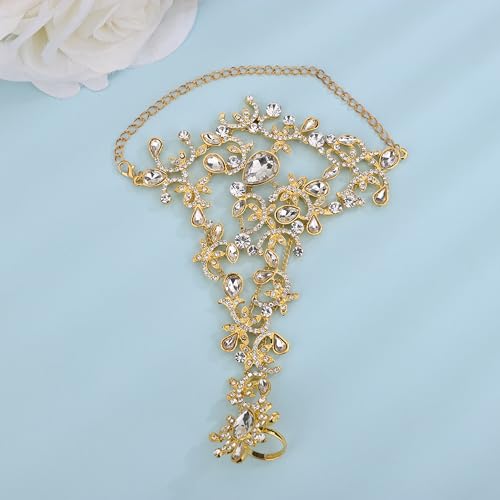 Denifery Rhinestones Finger Ring Bracelet Hand Chain Bracelets with Ring Slave Bracelets Boho Bangle Bracelets Wedding Hand Harness Hand Accessories for Women - color: Gold