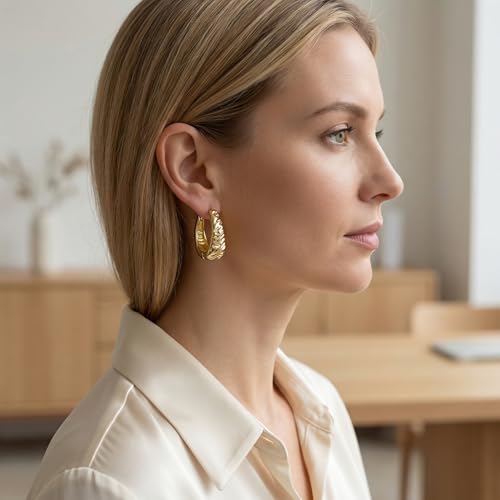 14K Gold Plated Wide Chonky Hinge Hoop Earrings for Women, Ribbed Textured U-Shape Oval Hoops, Lightweight Dainty Hollow Jewelry Gift, Nickel-Free Hypoallergenic 25MM