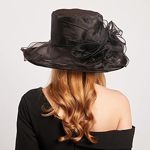 ORIDOOR Women’s Organza Church Tea Party Wedding Fascinator Derby Hat Wide Brim Sun Hats - color: F-black