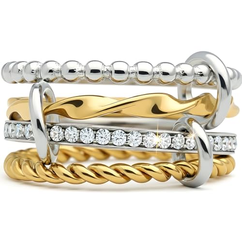 Gold Stackable Ring Set for Women Non Tarnish 316L Stainless Steel Cubic Zirconia Rings Silver Gold Multi Band Thumb Ring Mixed Metals 4 in 1 Interlocking Fashion Thin Dainty Unique Christmas Birthday Jewelry Gift