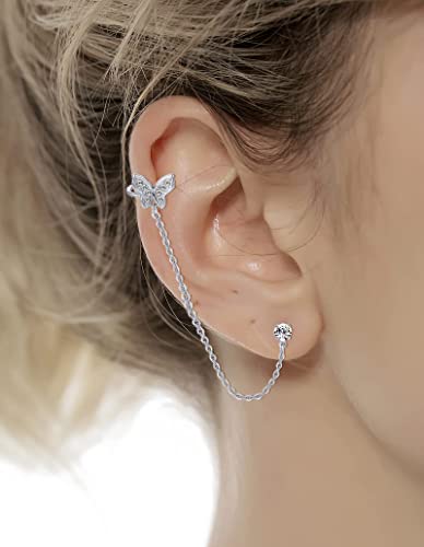 Tornito 6-12Pcs Cuff Earring Chain Leaf Snowflake Star Butterfly with CZ Crawler Climber Earring Studs Drop Dangling Chain Wrap Tassel Earring for Women Men 20G Silver Gold Tone - color: A:Silver Tone
