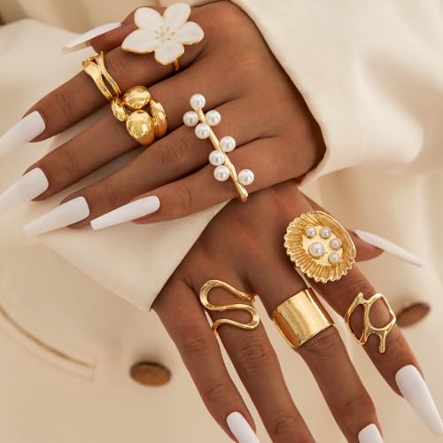Chunky Gold Stackable Rings Set for Women Pearl Flower Rings Sets Dainty Carved Signet Joint Finger Midi Rings Pack Adjustable Chunky Knuckle Ring Statement Stacking Ring Pack - color: B-Gold-8Pcs