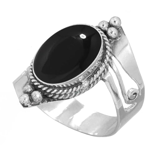 Handmade 925 Sterling Silver Plated Ring Natural Gemstone Carnelian, Rose Quartz, Tiger Eye, Crystal Oval Boho Jewelry For Women - color: Black Onyx