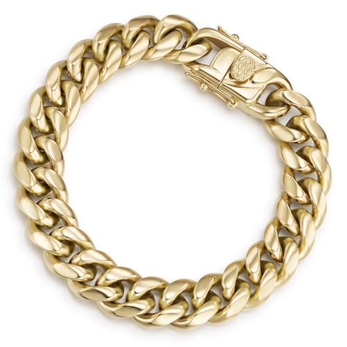 CG&KYGG 12MM 14K Gold Plated Cuban Link Bracelet for Men, Chunky 316L Stainless Steel Chain Necklace for Women, Gift for Birthday & Holiday(Delicate Package, Double Safety Clasp with 14K Stamp) - style: 12mm 14k gold bracelet