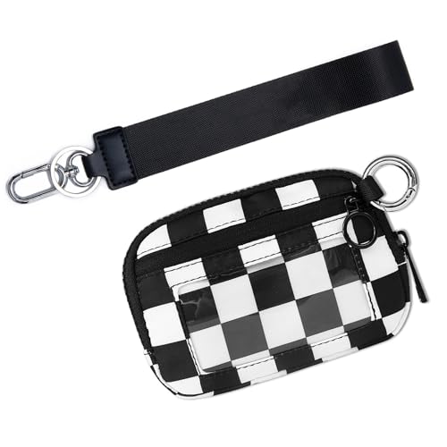 Wristlet Wallet for Women Mini Zip Card Case with Clear ID Window Zipper Coin Purse Lightweight Portable Keychain Wallet - color: Black White