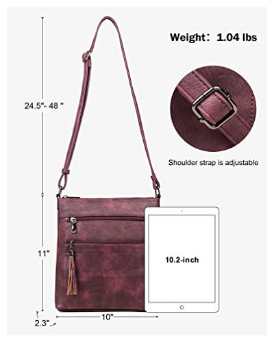 MASINTOR Crossbody Purses for Women, Multi Pocket Casual Crossbody Bag, Adjustable Strap Shoulder Bag with Tassel - color: Burgundy