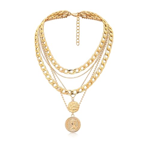 Gold Necklace Stack, Gold Plated and Silver Chunky Layered Necklaces for Women Exquisite Vintage Stackable Coins Medal Star Diamond Pearl Pendant Women's Jewelry (Gold/Silver) - color: Gold 1 PCS