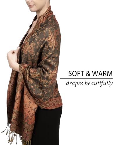 Achillea Reversible Paisley Pashmina Rave Scarf – Exotic Indian Shawls and Wraps for Evening Dresses, Festivals, All Seasons - color: Olive Burgundy
